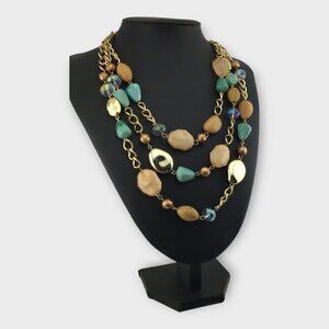 Multi-strand Beaded Station Necklace Gold, Green Marbled, Cream, Tan Marbled